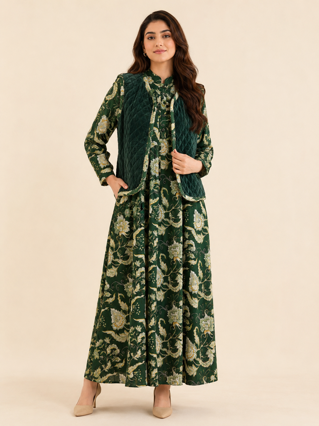 Velvet Vest Set - Pine